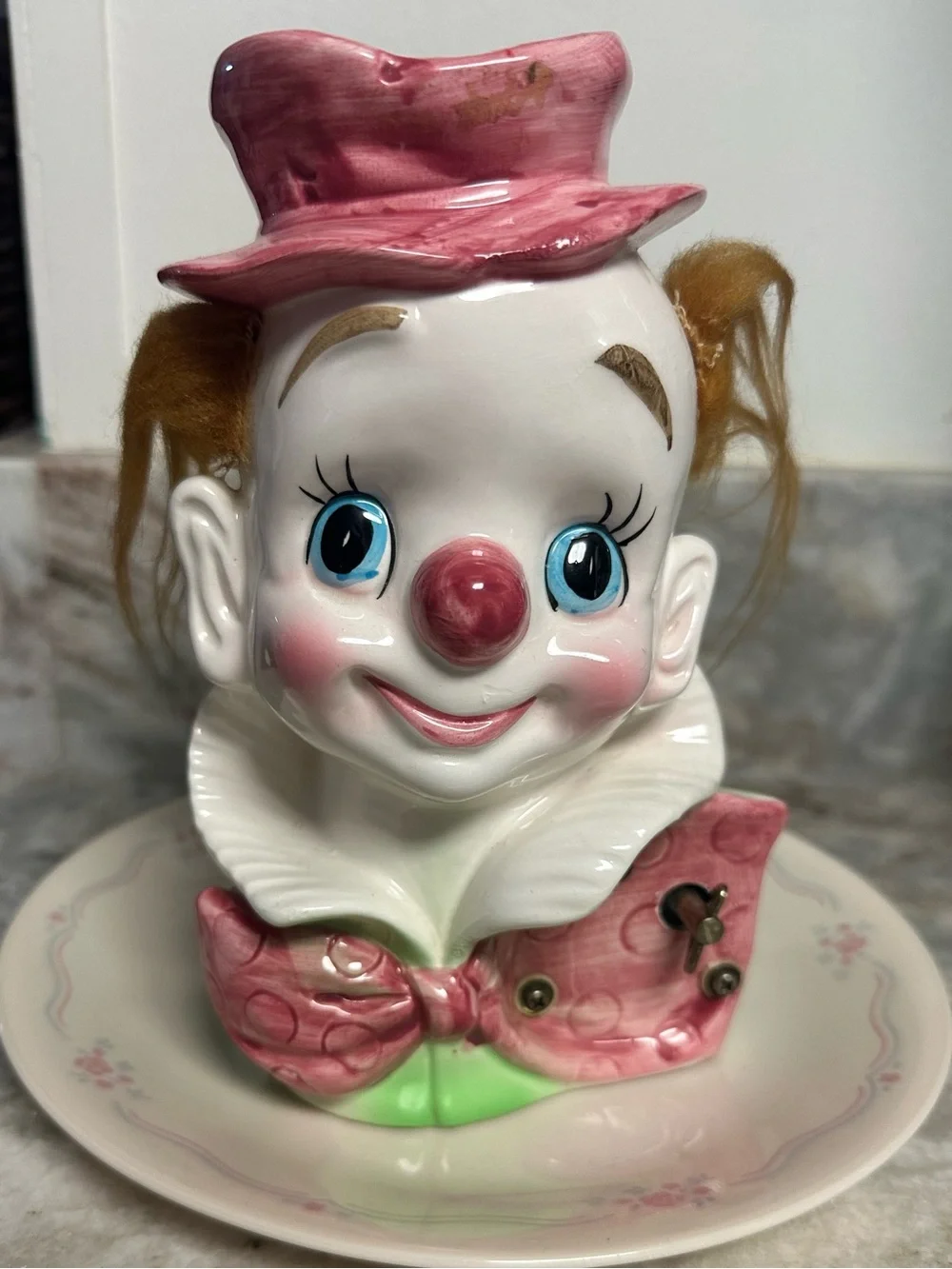 Vintage 1960s Enesco Japan Animated Clown Music Box Planter with Pop-Up Mouse